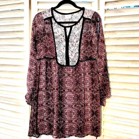 Knox Rose Women's Size XS Oversized Sheer Maroon Bohemian Mini Tunic Boho Dress - Picture 1 of 15
